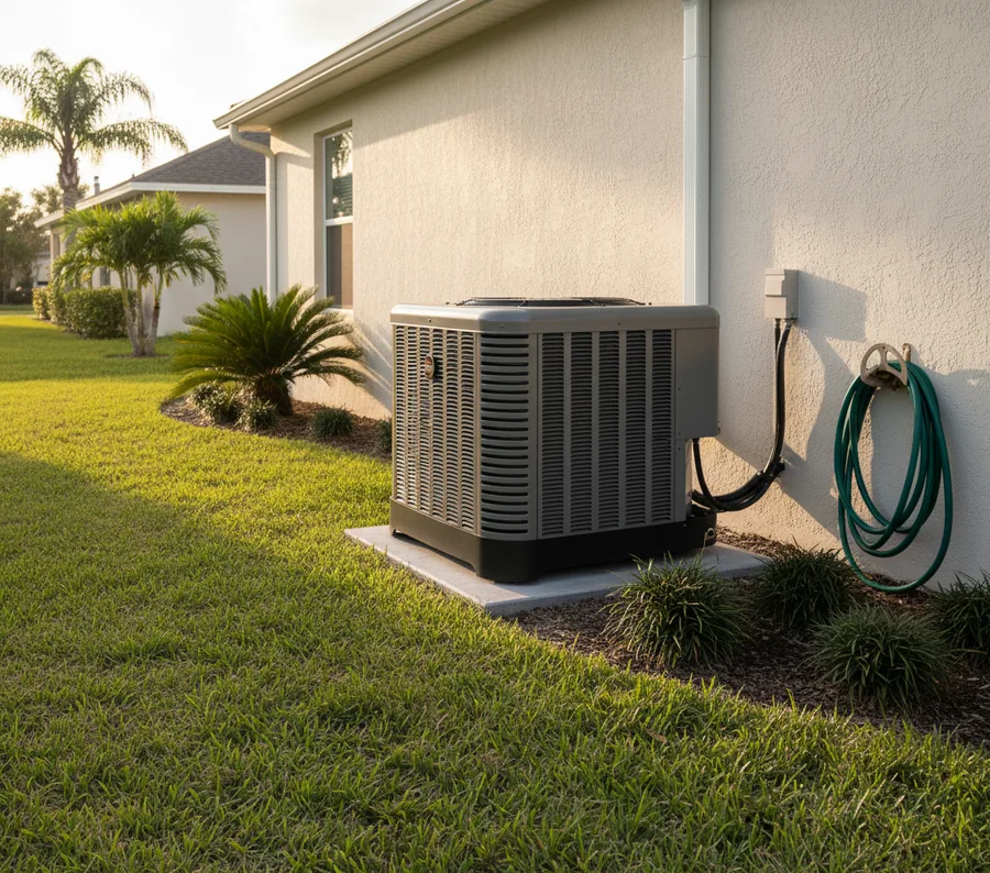 Ruud two-stage condenser installed in a Florida side yard